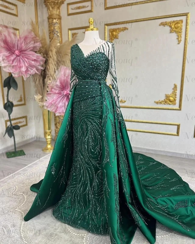 Saudi-Arabien Grüner Überrock Meerjungfrau Perlen Abendkleider Formelle Anlässe Muslimische Hochzeit Nach Party Kleider Maßgeschneidert