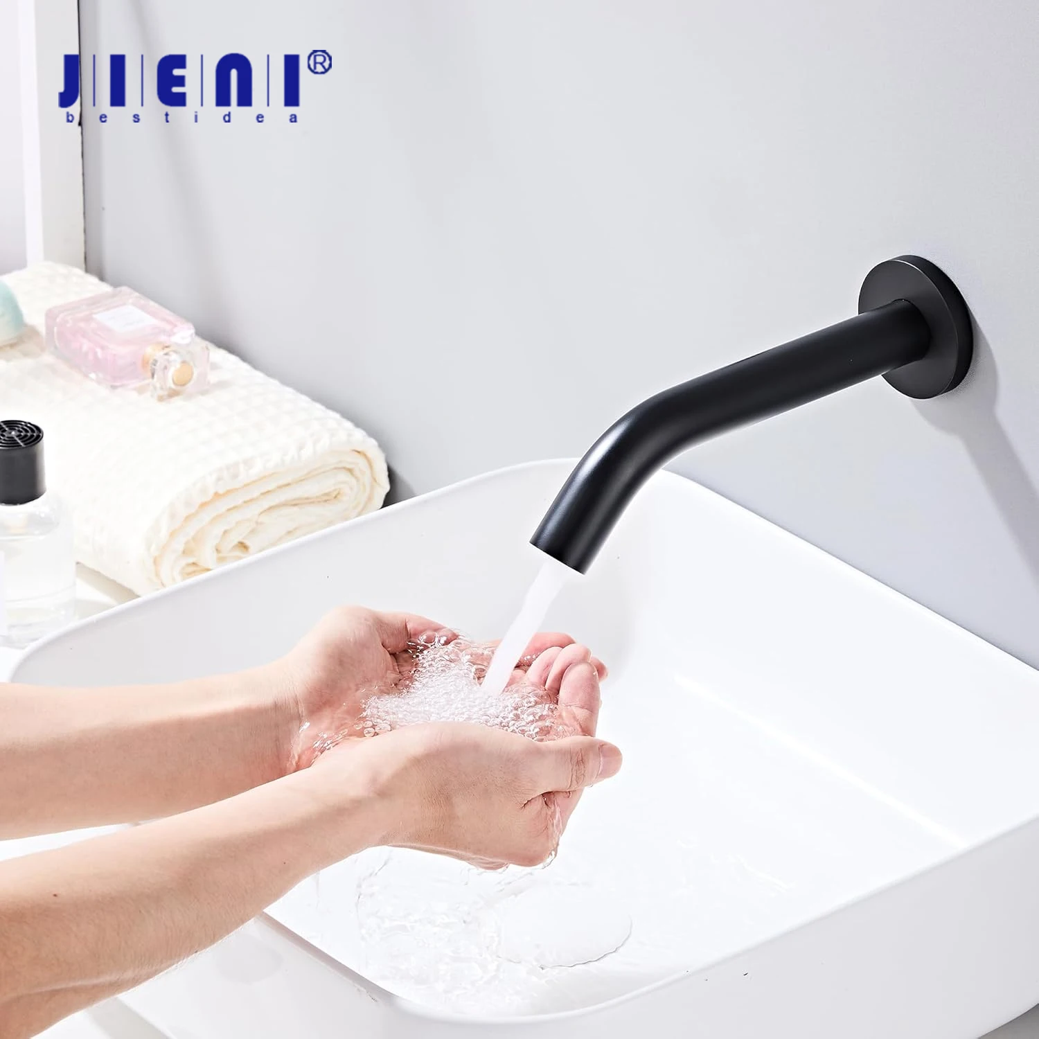 

JIENI черный смеситель для ванной комнаты, настенные сенсорные смесители, бесконтактный автоматический индуктивный смеситель для горячей и холодной воды с чехлом для батареи переменного/постоянного тока