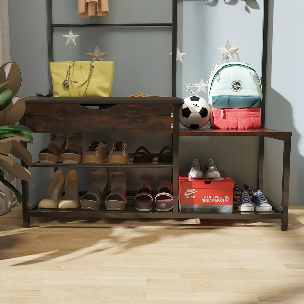 شجرة قاعة 4 في 1 على الطراز الصناعي مع درج تخزين، وسادة ناعمة، رف معطف، لمسة نهائية بنية عتيقة، أثاث المدخل لـ Fam