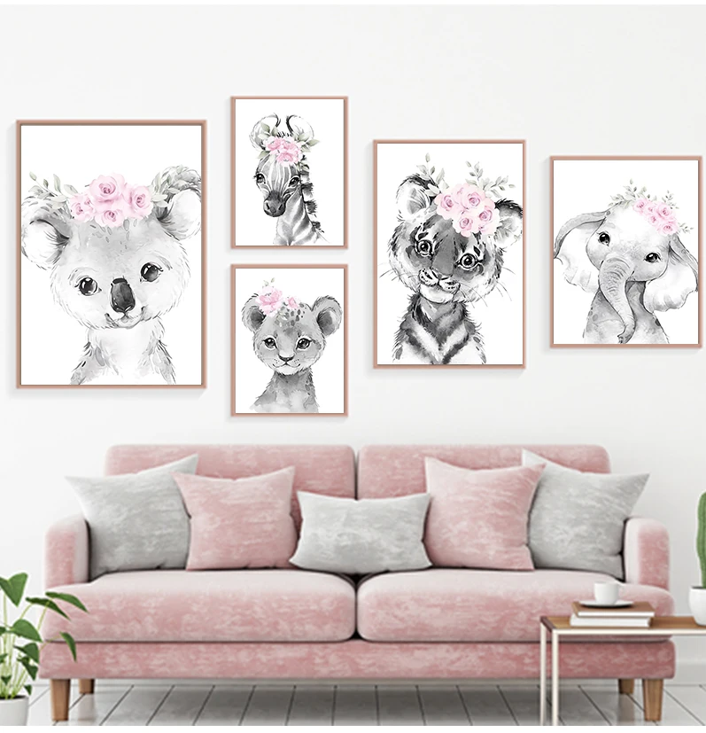 Custom Baby Name Nursery Poster Personalized Canvas Painting Print Pink Flower Animals Wall Art for Girls Bedroom Pictures Decor