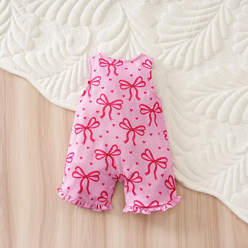 Newborn Sleeveless Romper, Baby Girls Pink Bow Print Jumpsuit, Cute Infant Summer One-Piece Outfit, Ruffle Trim Toddler Sleevele