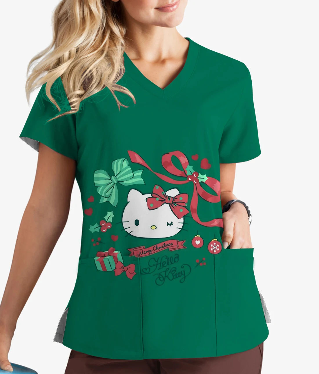 ディズニーシリーズハローキティプリントナース作業服、半袖ペット歯科医、医療、クリスマス、夏