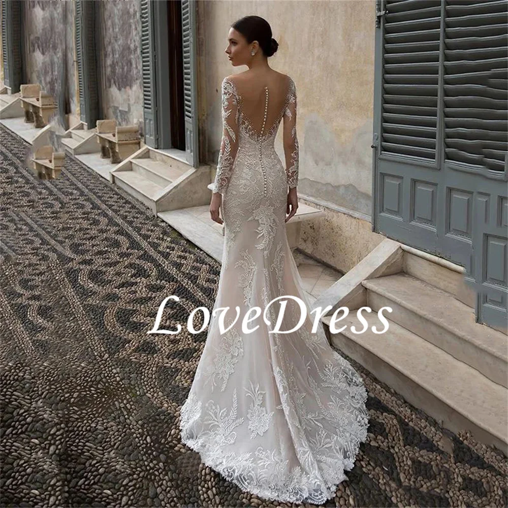 Lovedress Luxe V-Hals Trouwjurk Lange Mouwloze Bruidsjurken Zeemeermin Sexy Kralen Liefje Kanten Appliques Robe De Mariee