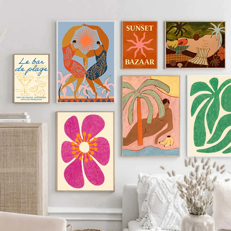 Banana Sun Seashell Le Bar De Plage Palm Beach Sunset Abstract Canvas Painting Wall Art Print Poster Decor Pictures Living Room