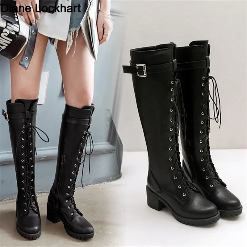 2024 Hot Sale Autumn Lacing Knee High Boots Women Fashion Square Heel Belt Buckle Ladies Leather Shoes Winter Knight Boot 43 44