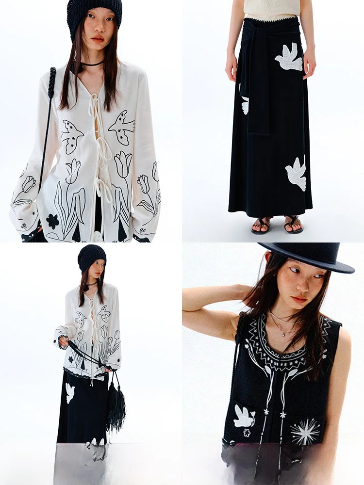 

Uare Original Design Long Skirt with Detachable Waist Seal Embroidered Flng Bird Patch Retro Sle f-length Skirt for Women