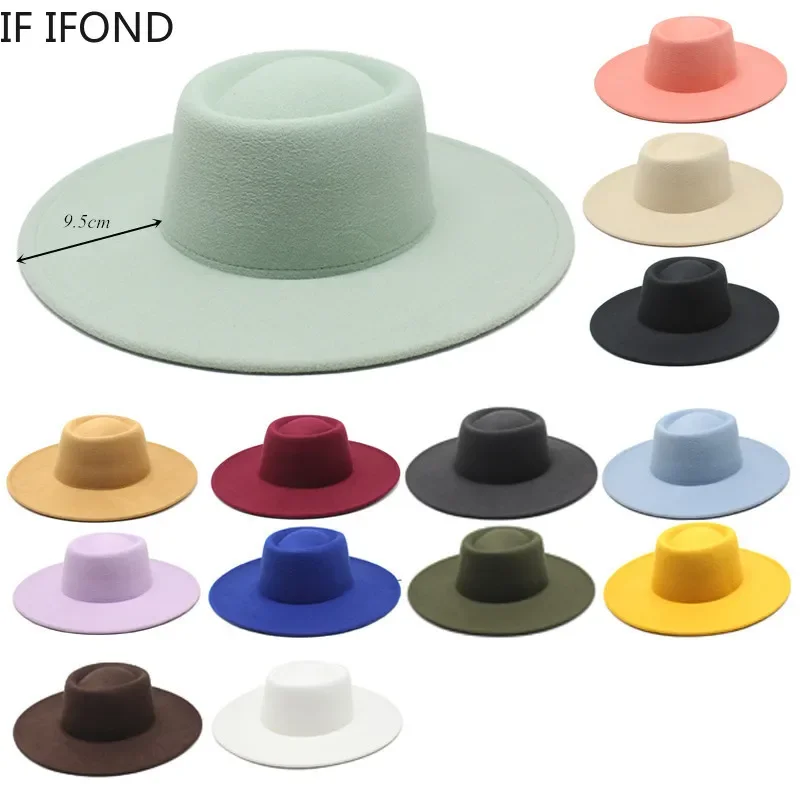 Klasyczny brytyjski styl 9.5CM Duży kapelusz Fedora z szerokim rondem dla kobiet Moda Jesień Zima Filcowe kapelusze kościelne Suknia ślubna Czapka jazzowa