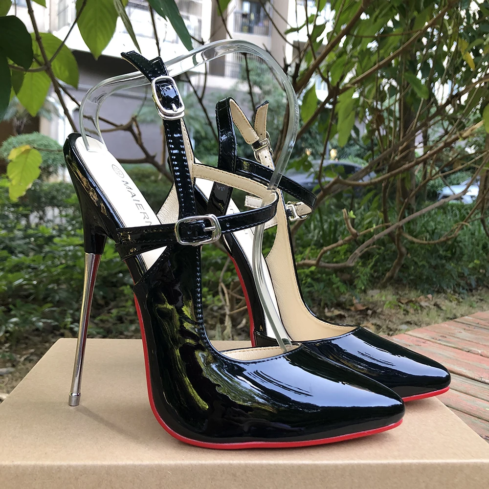 16cm Super Metal High Heels Stilettos Sexy Women Black Pumps Fetish Ankle Strap Show Model Party SM Man Unisex Shoes Size45 46