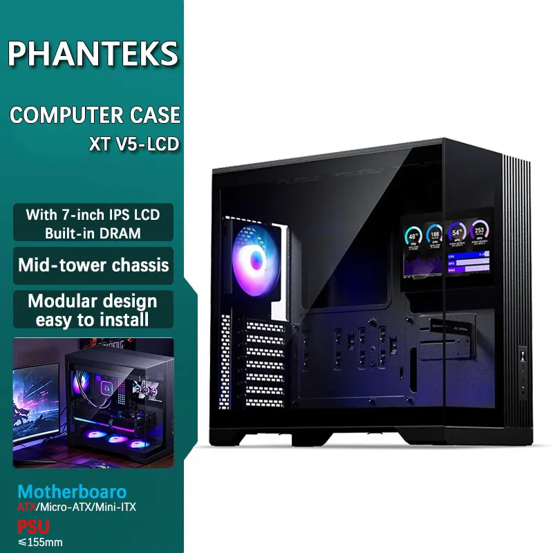 Phanteks XT V5-LCD ATX Computer Case 7 Inch IPS Glass Window with DRAM 360 Water Cooling Support And 7 Fan Slots for Gaming PC