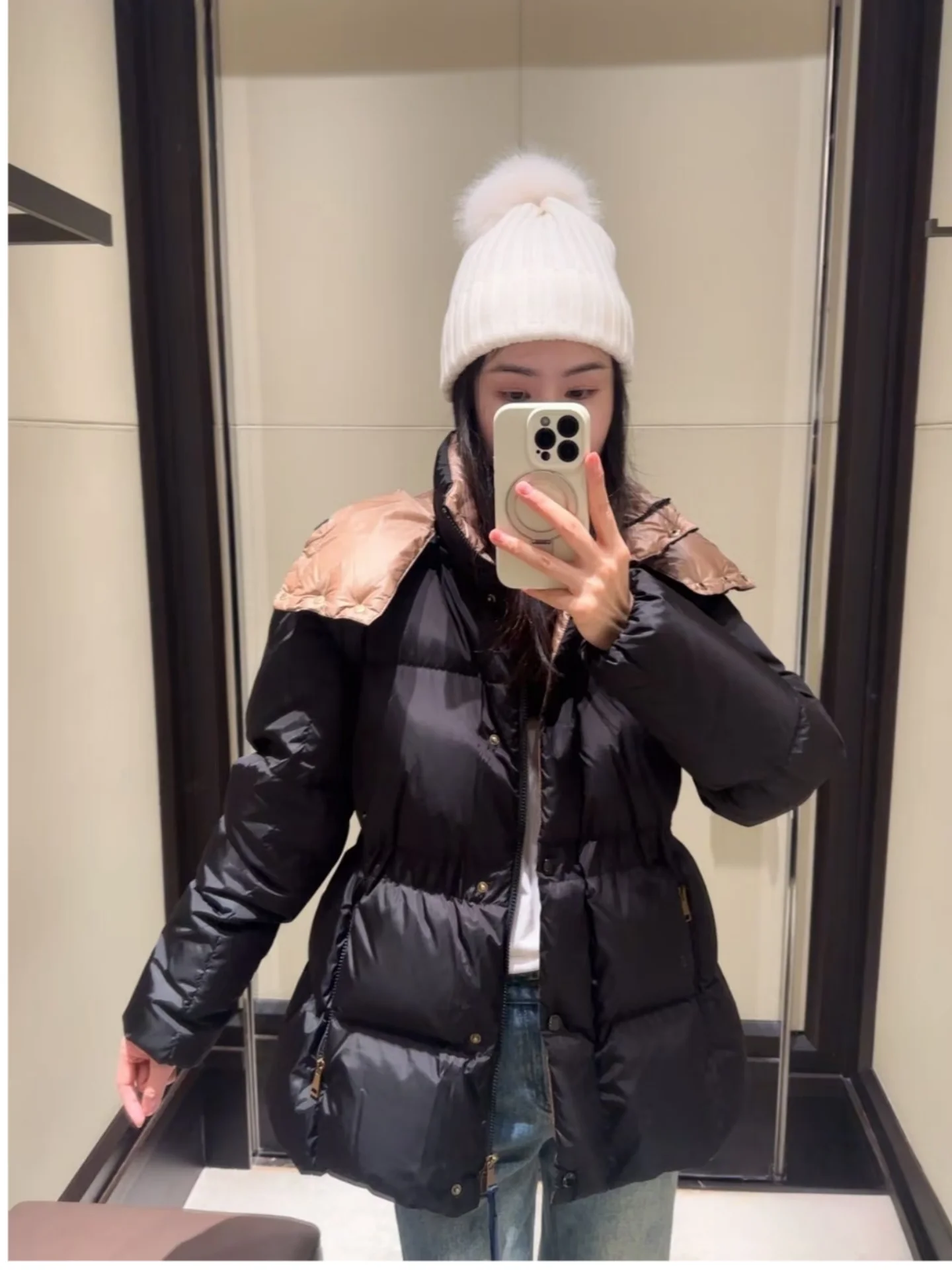

Elegant Thickened White Goose down Puffer Jacket Women's Removable Hat Elastic Waist Design High-End Lightweight Coat