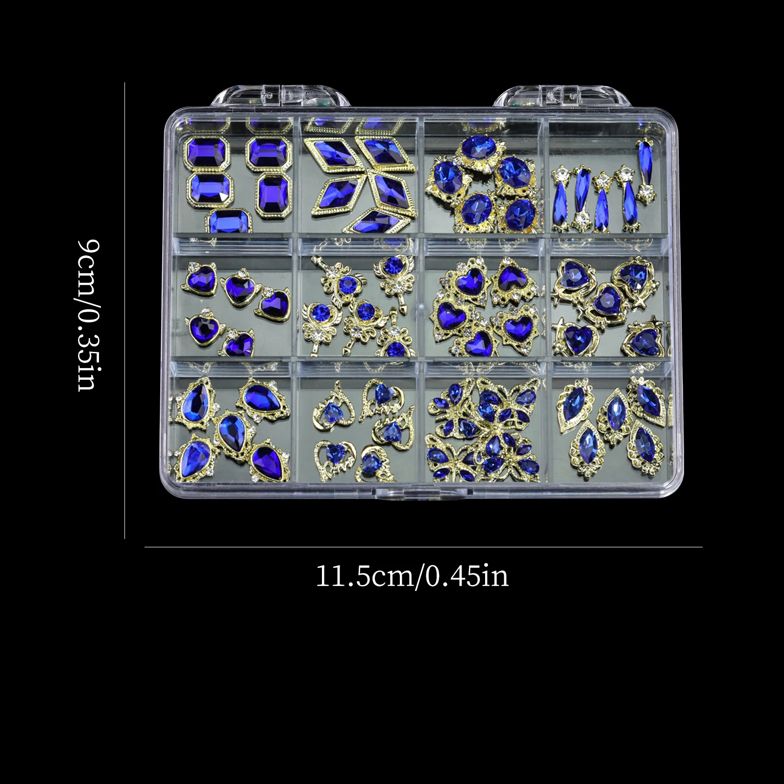 12-grid luxury alloy Klein blue glass diamond nail charms various styles of nail rhinestones suitable for DIY nail decoration