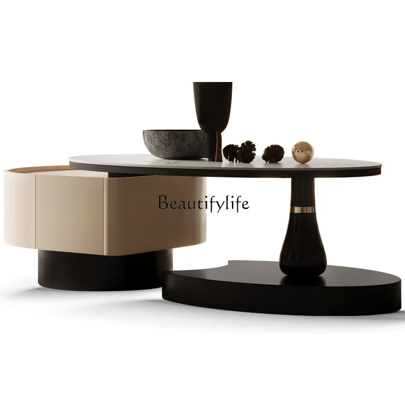 -*モダンライト高級岩スラブコーヒーテーブル小さなアパートのリビングルーム家庭用シンプルな楕円形のクリエイティブ無垢材コーヒーテーブル