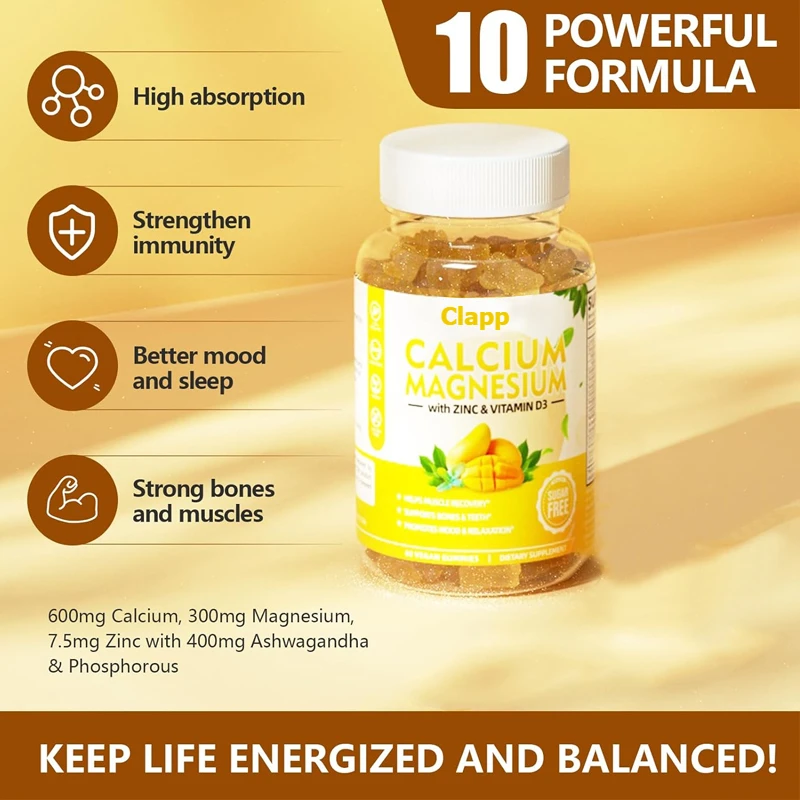 

Calcium, Magnesium, Zinc, Vitamin D3 Supplement, High Absorption Zinc Gummies, Vegetarian Mango Flavored -60 Capsules