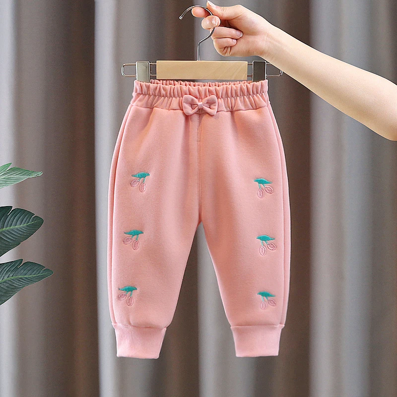 Infant Baby Winter Pants Embroidery Bow Elastic Waist Thick Warm Fleece Girls Casual Sport Pants Kids Girl Trousers