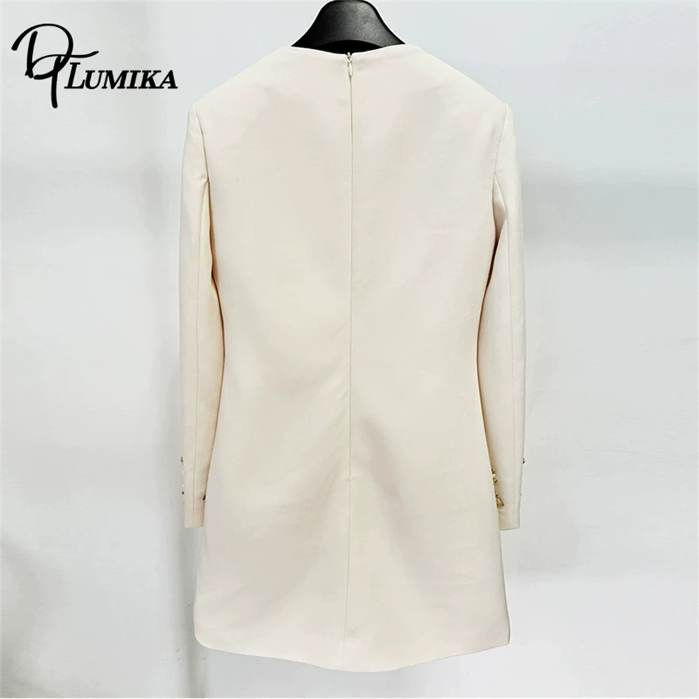 فستان DTLumika باللون البيج الجديد للنساء مع كريستالات ثلاثية الأبعاد مزين بالزهور ورقبة دائرية فوق الركبة فساتين رسمية بأكمام طويلة فستان العشاء #6