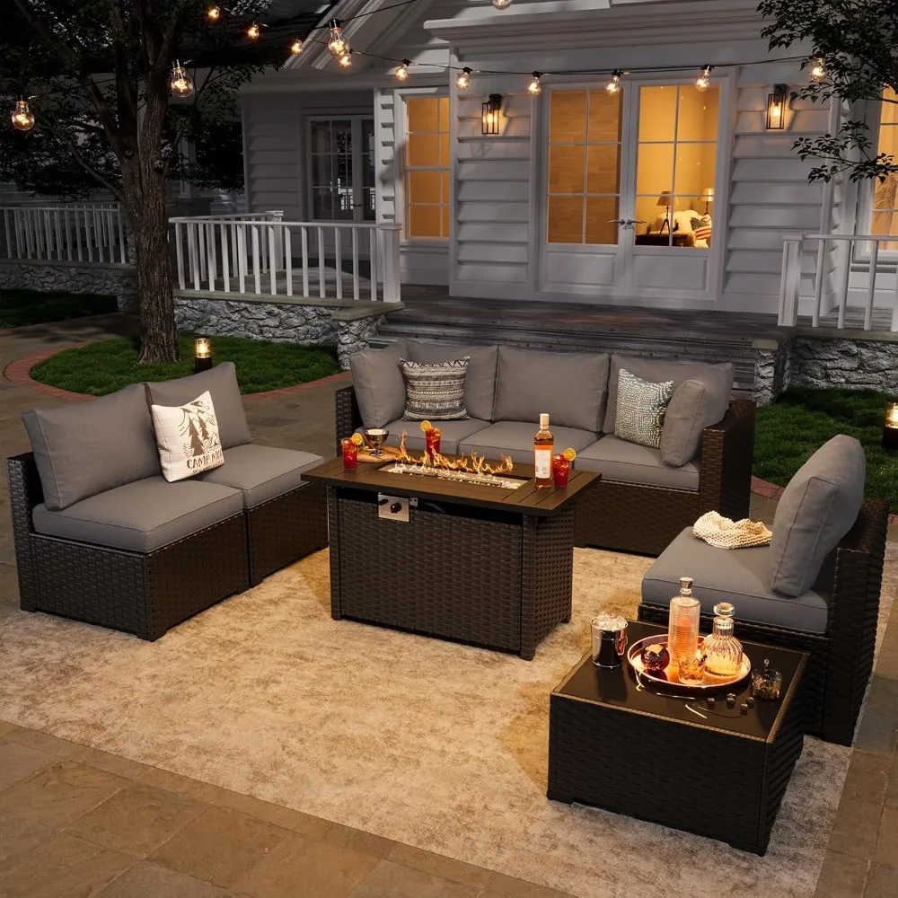 

8 Piece Patio Furniture Set with 44” Fire Pit Table Wicker Rattan Patio Sofa Set Outdoor Seating Furniture with Thick
