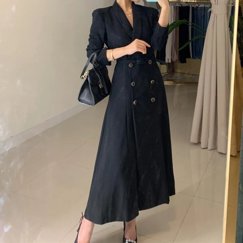 

Ladies Chic Vintage Party Vestidos New Turn Down Collar Dress Pink Elegant Autumn Office Women Double-breasted Long Maxi Dresses