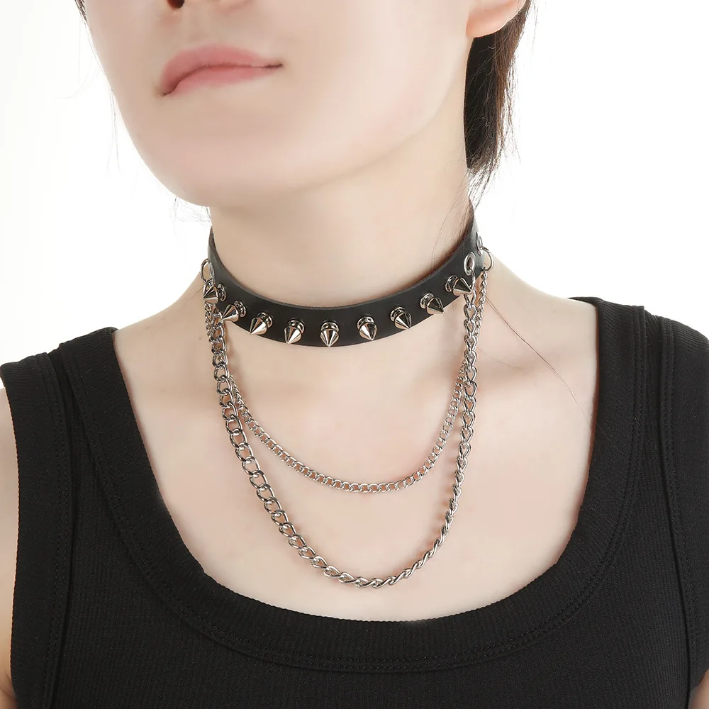 Trendy black Cosplay Harajuku Punk Rock Gothic Necklace Sexy PU Leather Spike Rivet Chain Collar Choker Necklace Body Accessory