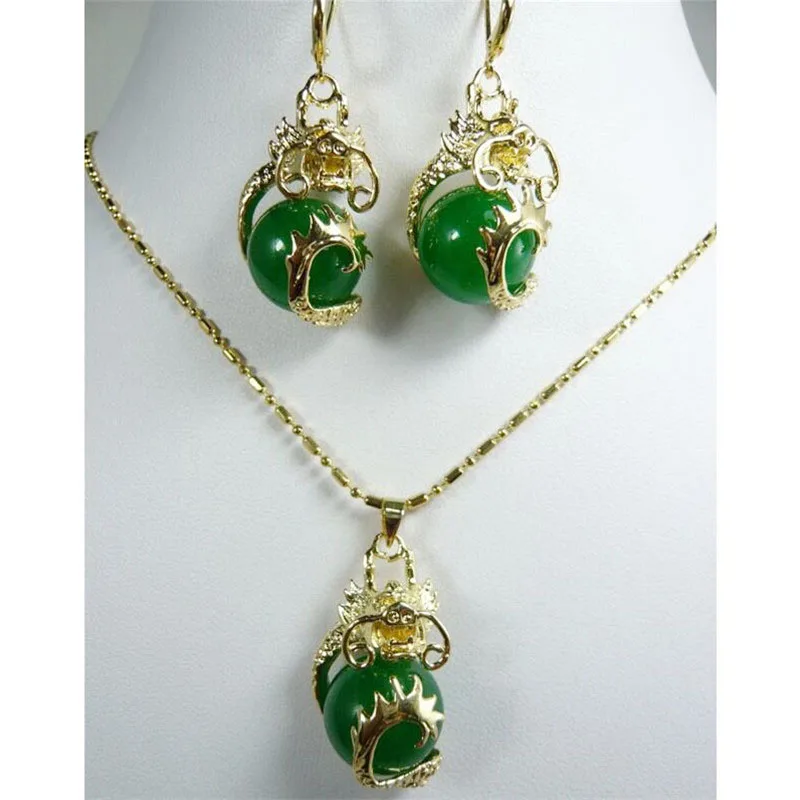 Vintage Natural Stone Pendant Necklace Earrings Jewelry Set Copper Alloy Chain Collar Women Fashion Wedding Party Jewellery Gift