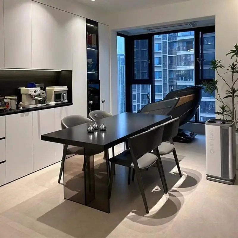 Acrylic sintered stone solid black for small homes, hanging rectangular floating dining table and chairs