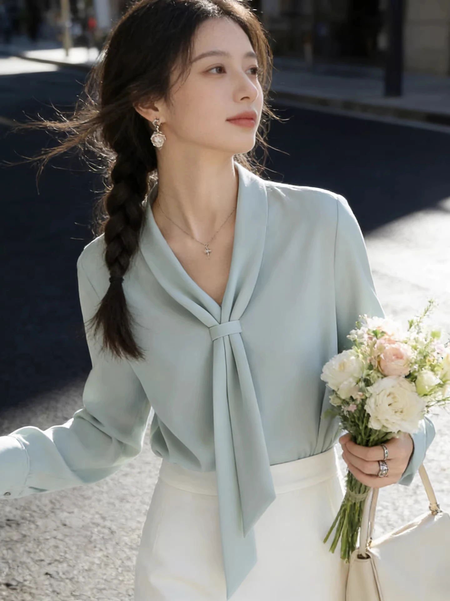 

Ele V-Ne Long Sve irt Women's Faionable Commute Tie Waist Straight Cut Profional Top Trendy Busin Lady irt