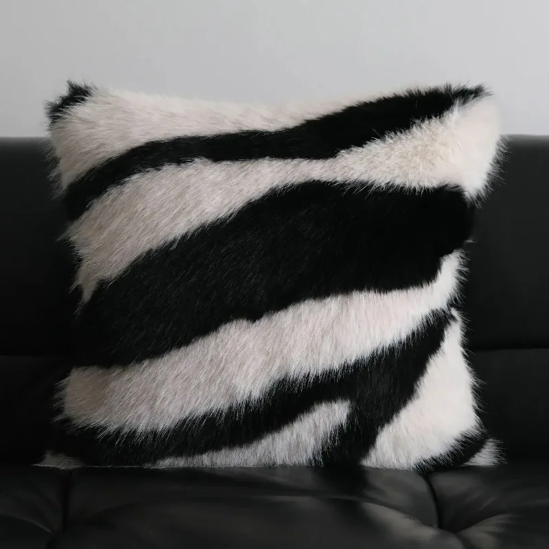 Fluffy Black and White Zebra Stripes Pillow Cases 50x50 Imitation Rabbit Hair Soft and Comfortable Sofa Pillow Cover Decorative