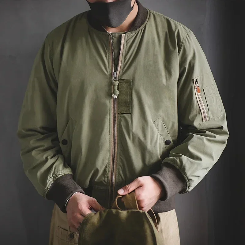 Maden Retro MA1 Bomber Jacket Thickened Splicing Baseball Flight Coat with Inner Pocket for Men's Winter Cotton Padded Jacket