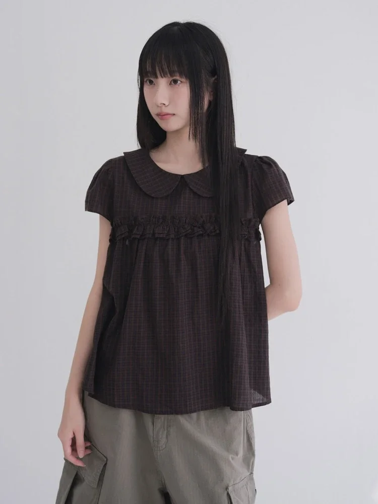 

Y2k Aesthetic Vintage Plaid Loose Blouse Summer Women Doll Collar Grunge Loose Blusas Harajuku Button Pleated Casual Cute Shirt