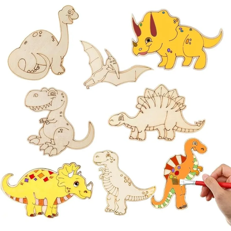 Tranches de Dinosaure en Bois Non Fini, Découpes, Peinture Artisanale pour Enfants, Décoration de Maison, Ornement, Bricolage, 8 Pièces
