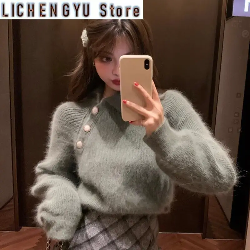 New Loribindwood Winter Korean Version of The Lapel Imitation Mink Velvet Short White Sweater Super Fairy Design Knit Sweater