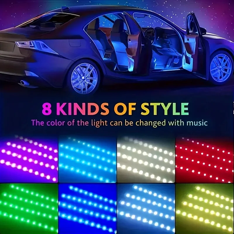 

RGB APP Controlled LED Ambient Light Strip Car Interior Mood Lamp Kit 48 Colors Decorative DIY Universal for 12V Auto Vehicles