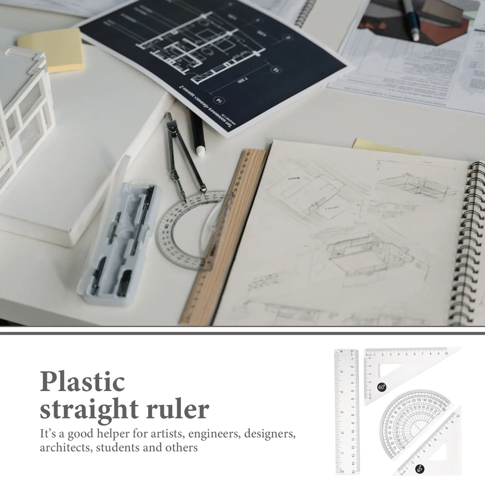 4 Sets 15cm Transparent Ruler Kit Students Drawing Measuring Set Triangle Protractor School Supplies Portable