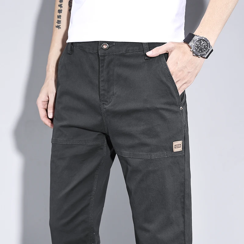 2024 Spring High-quality Pure Cotton Casual Slim Pants New Men's All Match Loose Straight Long Man Luxury Clothing Grey Khaki