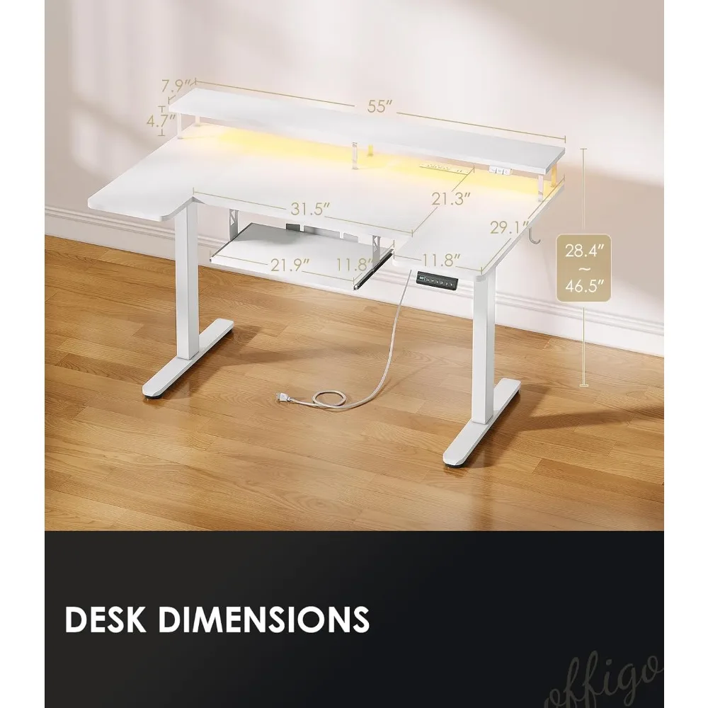 مكتب قائم كهربائي على شكل حرف U مع صينية لوحة مفاتيح، مكتب قابل للتعديل بارتفاع 55 بوصة مع منافذ طاقة وأضواء LED، حامل الجلوس T