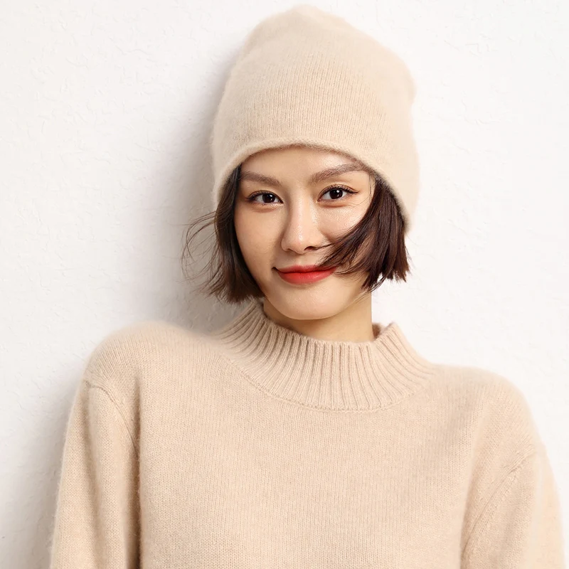 2022 New Autumn Winter Women Hats 100% Pure Cashmere Knitted Headgears Soft Warm Fashion Thick Cap 3 Colors High Quanlity