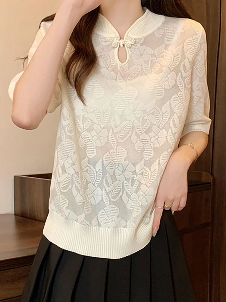 Women's Knitting Black T Shirt Hollow Out Chinese Style Tee Shirt Femme Stand Neck Loose Thin Tshirts Summer New Tops T-shirt