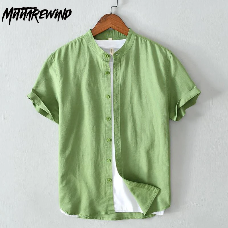 

Fresh Summer Shirts Men Chinese Style Solid Stand Collar Cotton Linen Shirt Daily Casual Short Sleeve Shirt Simple Versatile Top