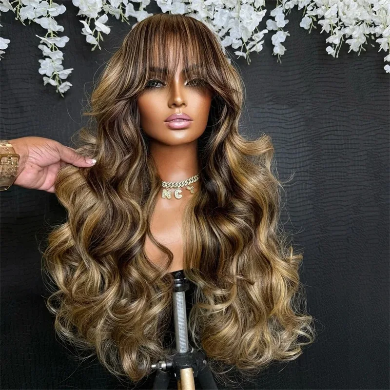 

Highlight Ombre Blonde Body Wave Lace Front Wig with Bang 13x4 HD Lace Frontal Wig for Women Synthetic High Quality Daily Wear