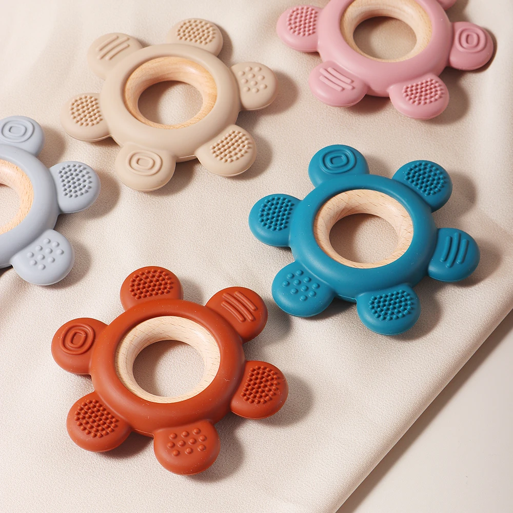 hot sale Baby wooden teether flower silicone teether Food Grade Safe Teether with wooden ring  Toy Teething gift