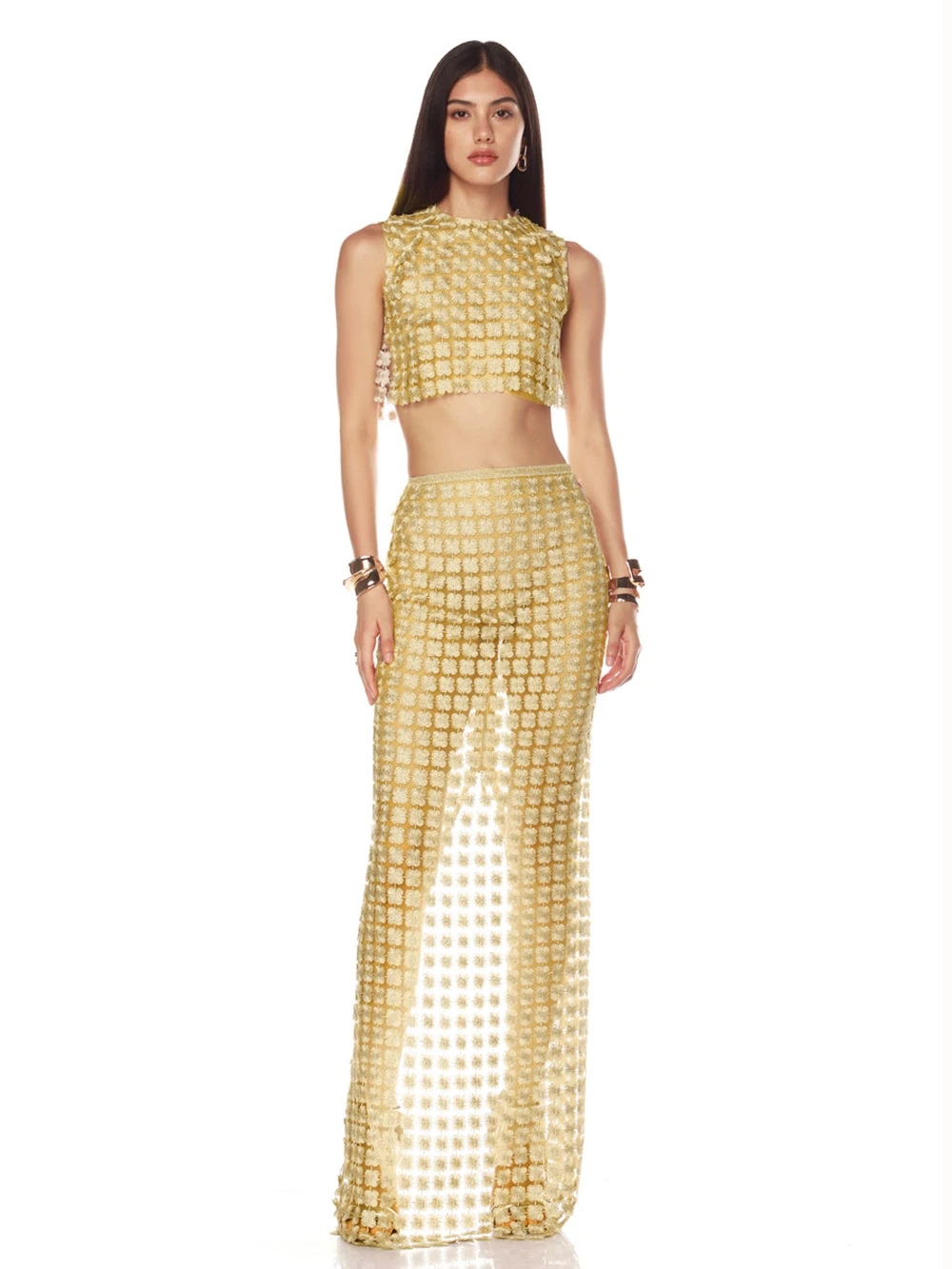 

2025 New Gold Embroidery Mesh See Through Top + Skirt Set Women Luxury Birthday Nightclub Evening Party Gown Outfit