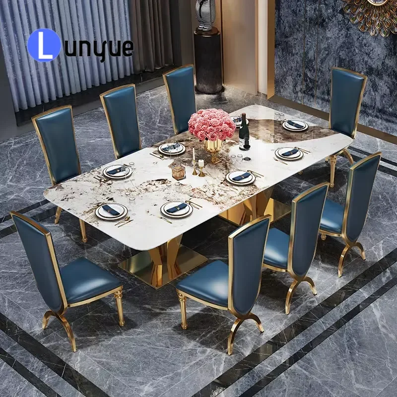 Modern Rectangular Stainless Steel Rock Slab Dining Table Set Large Extendable Durable No Assembly Required for Villa Living