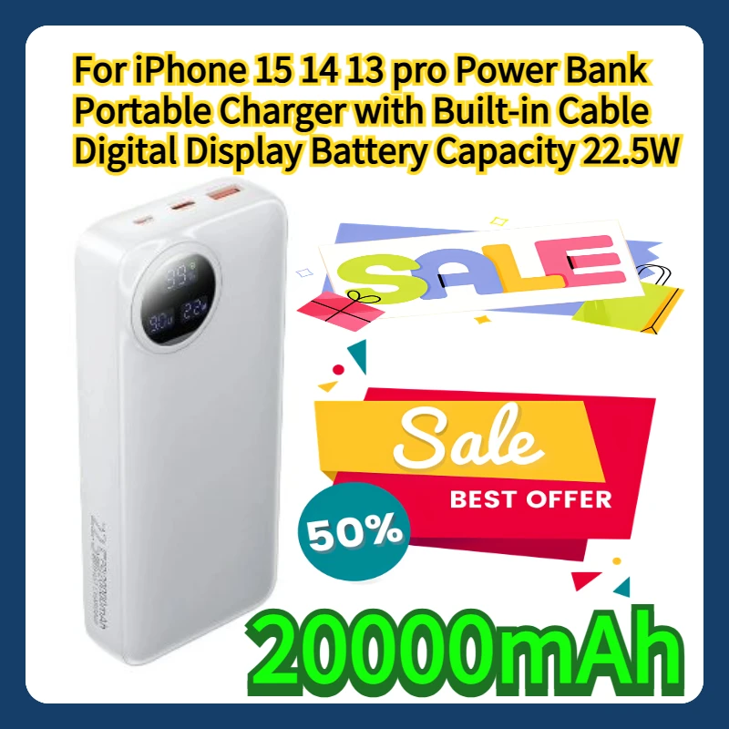 

For iPhone 15 14 13 pro Power Bank 20000mAh Portable Charger with Built-in Cable Digital Display Battery Capacity 22.5W