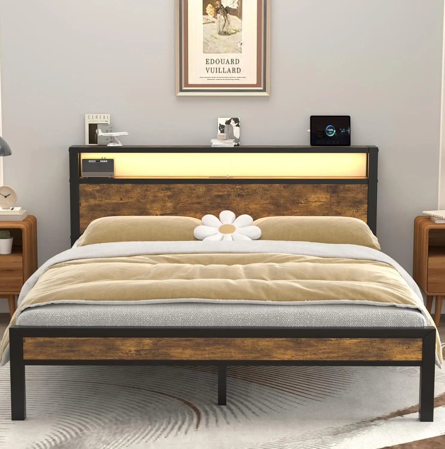 

Full Size LED Metal Platform Bed Frame with Charging Station Storage Headboard Heavy Duty Slats Noise Free Brown Customized