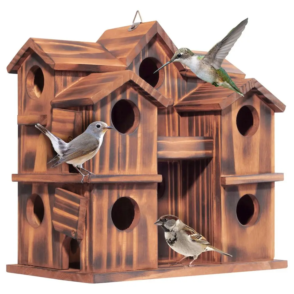 

Wooden Bird Houses for Outside 10 Rooms MultiChamber Bird House, Carbonized Pine Rustic Finish, 1.57 Entrance Holes, Individual