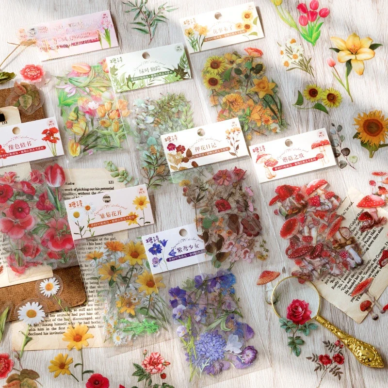 40 Pieces /Pack Colorful Summer Flower and Plants Diary DIY Decoration Sticker for Album Notebook Decorative PET sticker bag