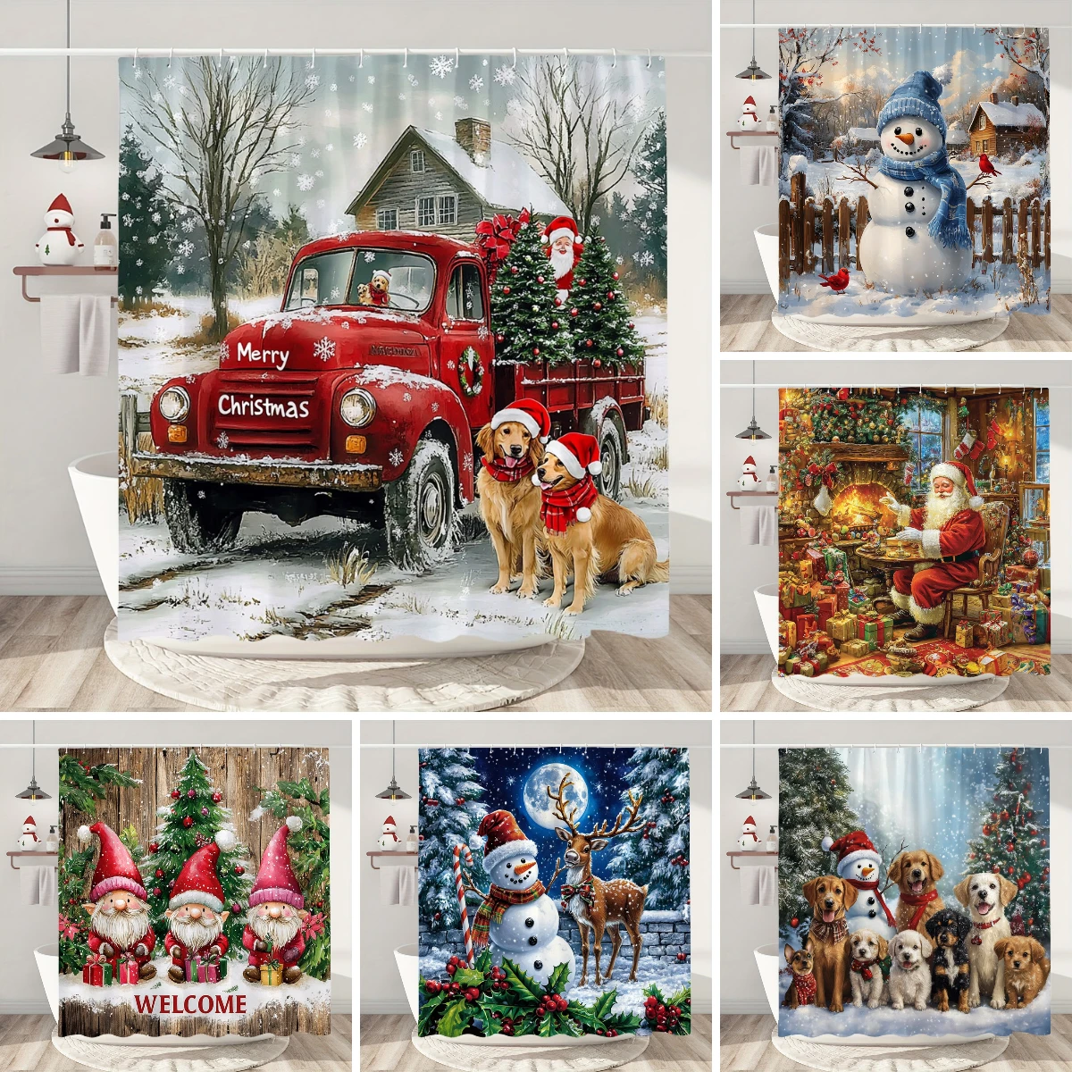 

Funny Christmas Shower Curtain Santa Claus Snowman Deer Snow Scene Christmas Gifts Shower Curtain Bathroom Decoration With Hooks