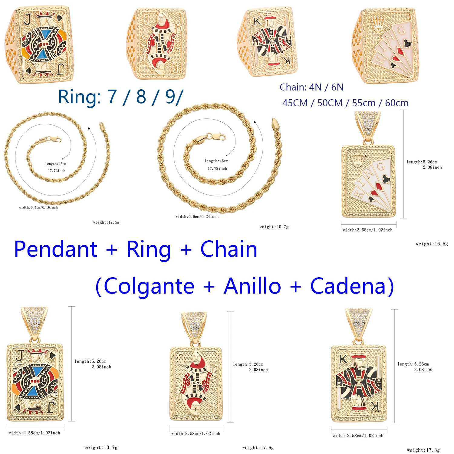 Hip-hop men's jewelry set, gambling game theme, gold-plated material, playing card accessories.