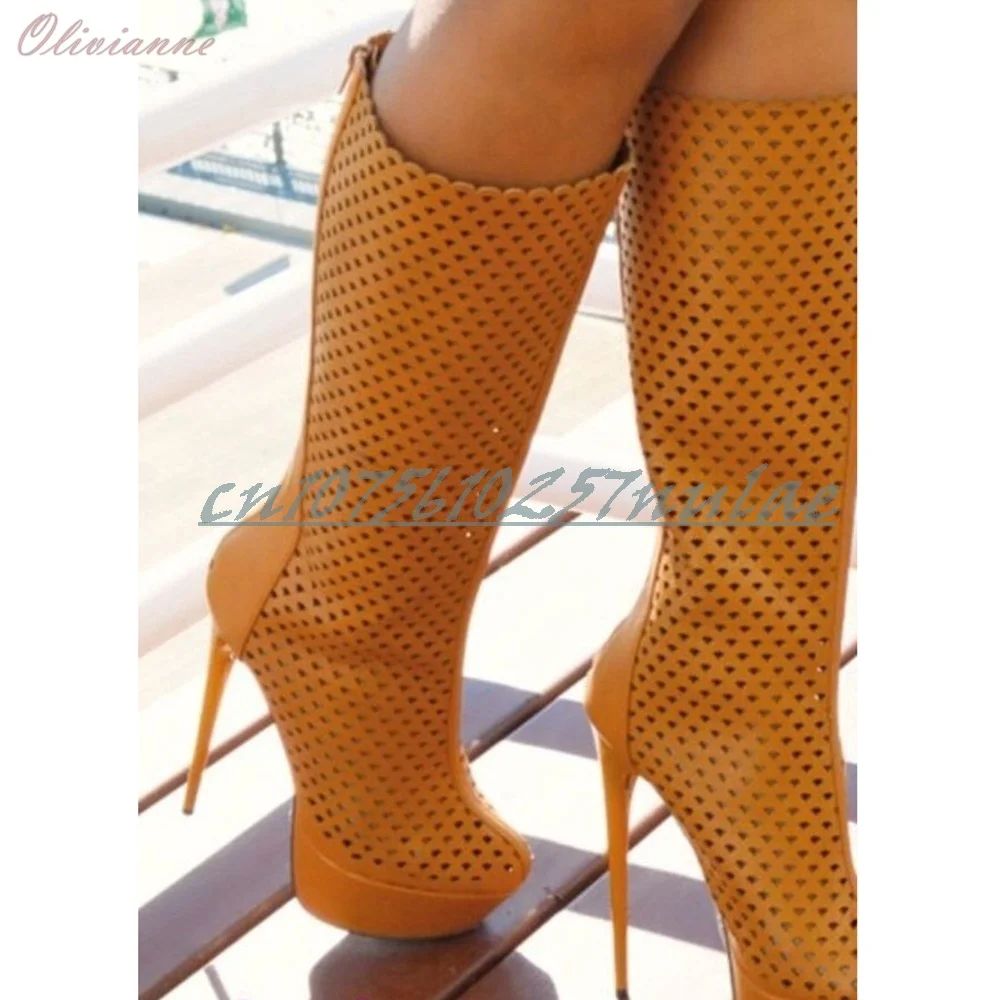Sólido oco design plataforma meados de bezerro botas de volta zíper couro preto stiletto salto alto moda festa sapatos femininos para mujere