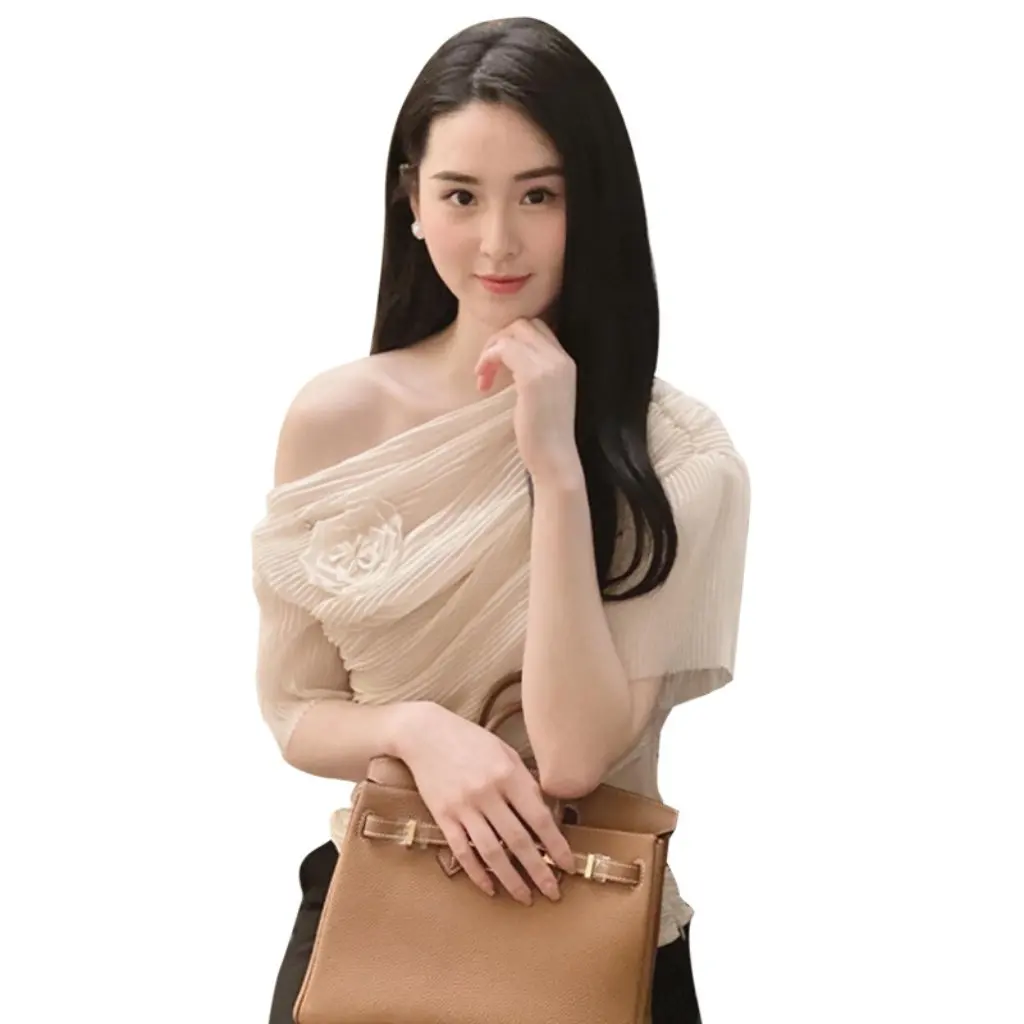 

Summer Women's Elegant Pure Color One-Shoulder Pleated Top High-End Niche Design Slope Collar Manufacturer