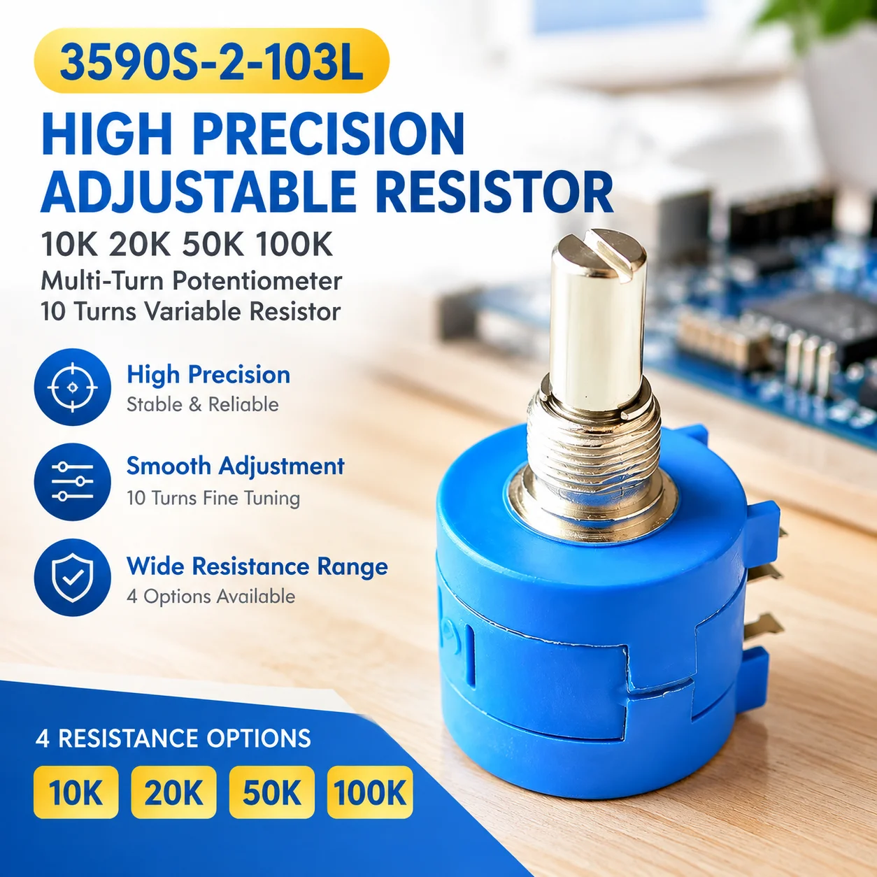 3590S-2-103L High Precision Adjustable Resistor, 10K 20K 50K 100K Multi-Turn Potentiometer, 10 Turns Variable Resistor